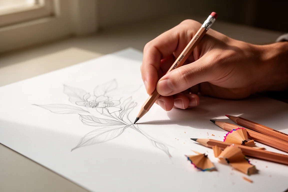 細軸の色鉛筆でスケッチ紙に細かい線を描くアーティスト