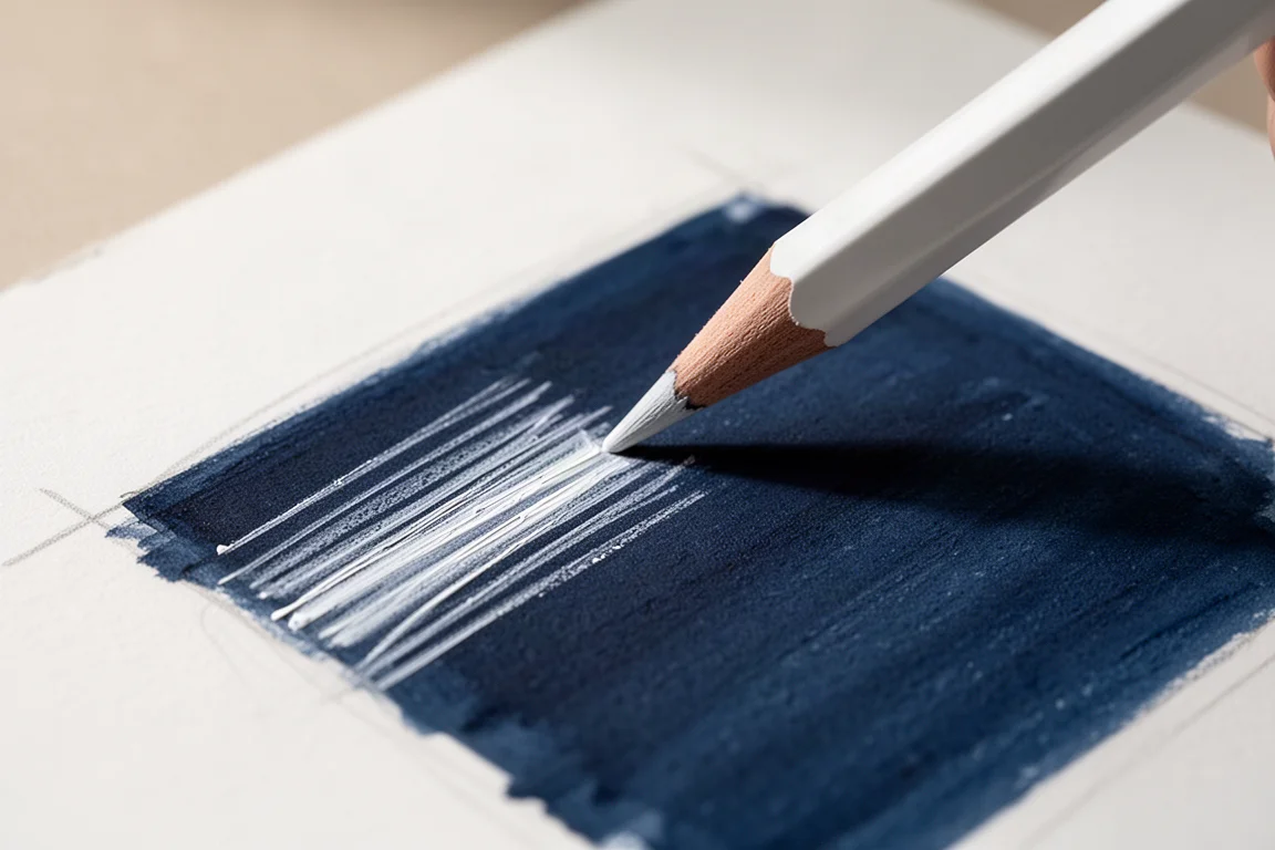 暗い色の上に細いハイライトを描き加える白の色鉛筆