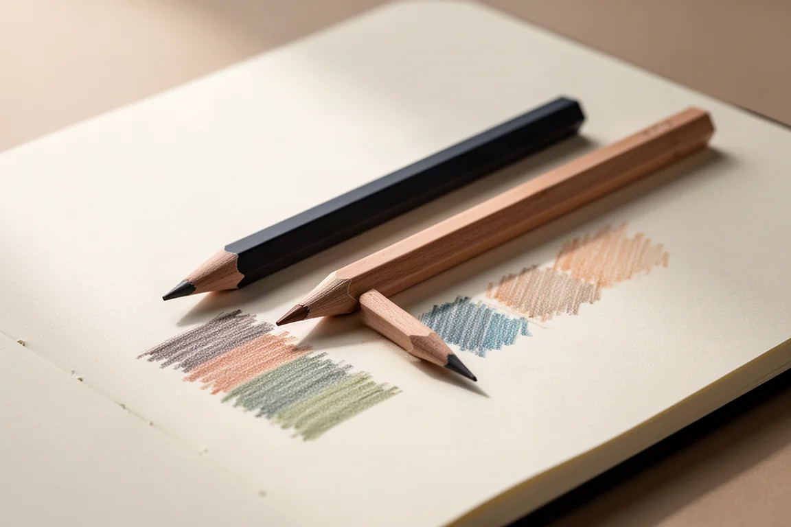 Due matite colorate sottili a sezione esagonale con tratti campione su una pagina di uno sketchbook