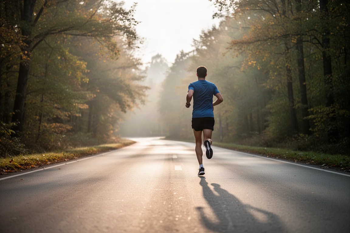 Runner logging easy miles on a tree-lined road in soft morning light