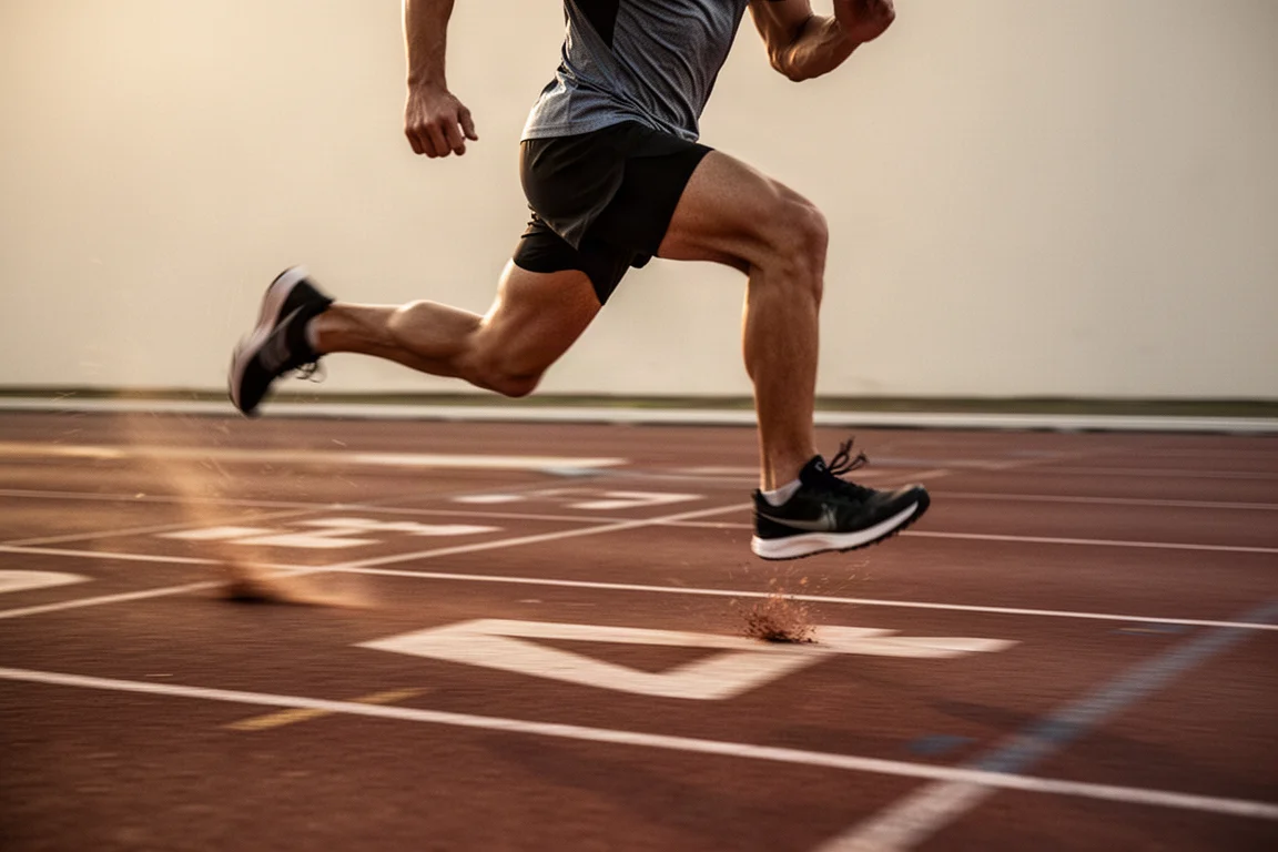 Runner accelerating through an interval workout on an athletics track