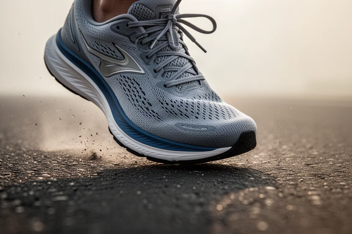 Close-up of a runner's forefoot striking tarmac at race pace