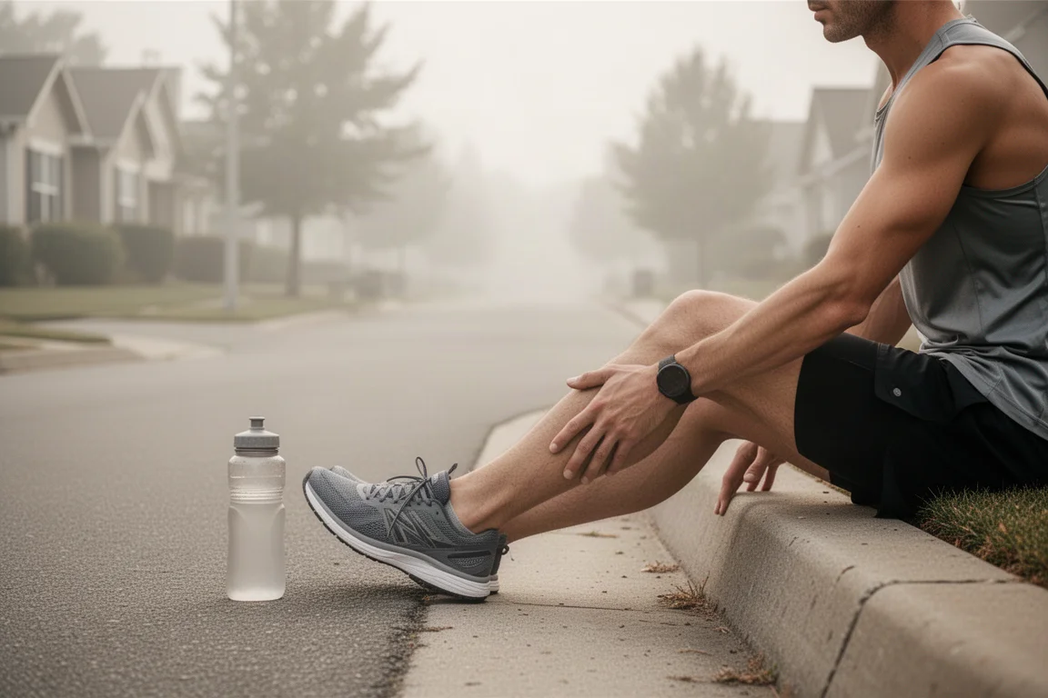 Runner stretching on a curb after a long training run