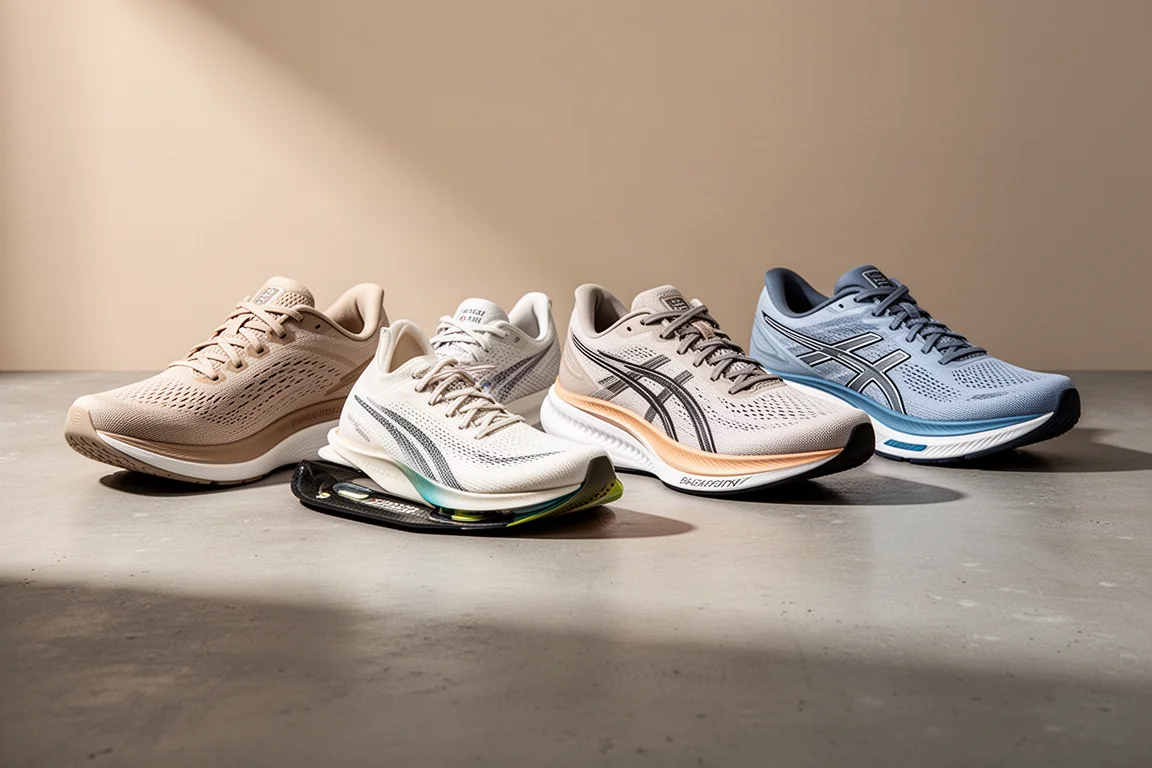 Five Altra running shoes arranged in a row on a concrete surface