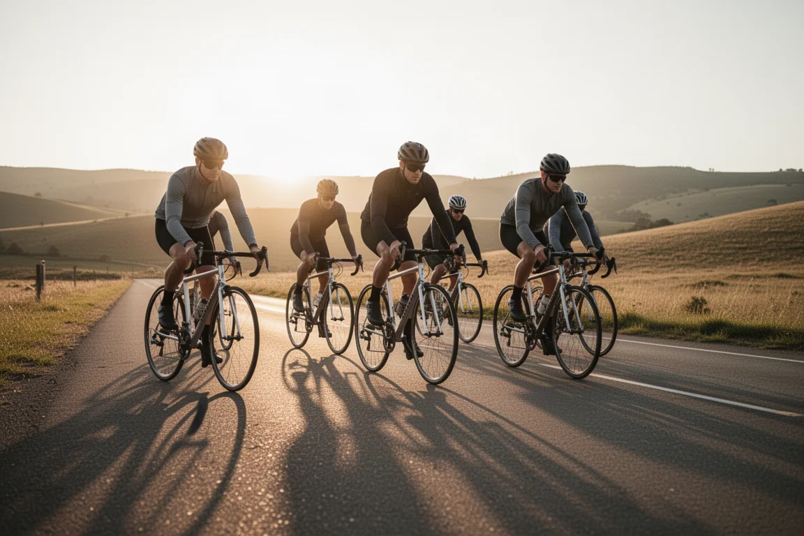 Grupp cyklister på aluminiumracers på en öppen väg i gyllene kvällsljus