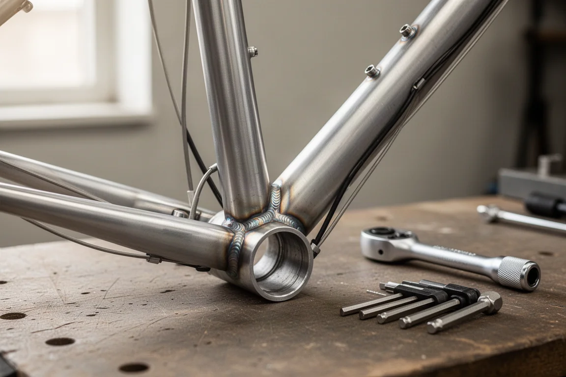 Närbild på vevlagssvets och intern kabeldragning på en aluminiumram