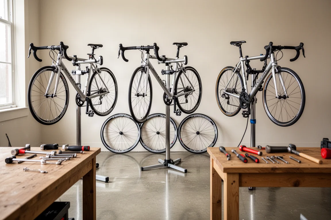 Cykelverkstad med tre aluminiumracers på reparationsställ och verktyg