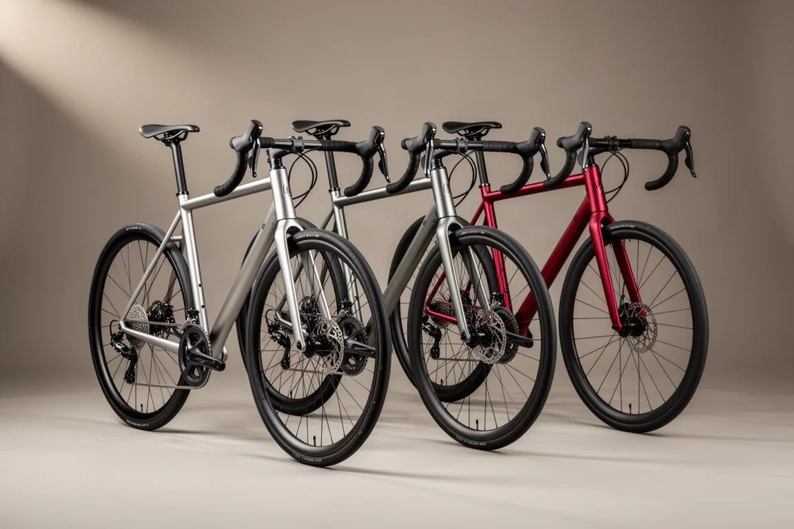 Three aluminium road bikes lined up on a neutral studio backdrop