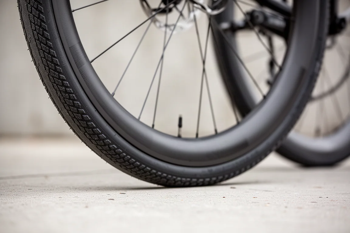 コンクリート面に置かれた幅広のロードバイク用リムとタイヤのクローズアップ