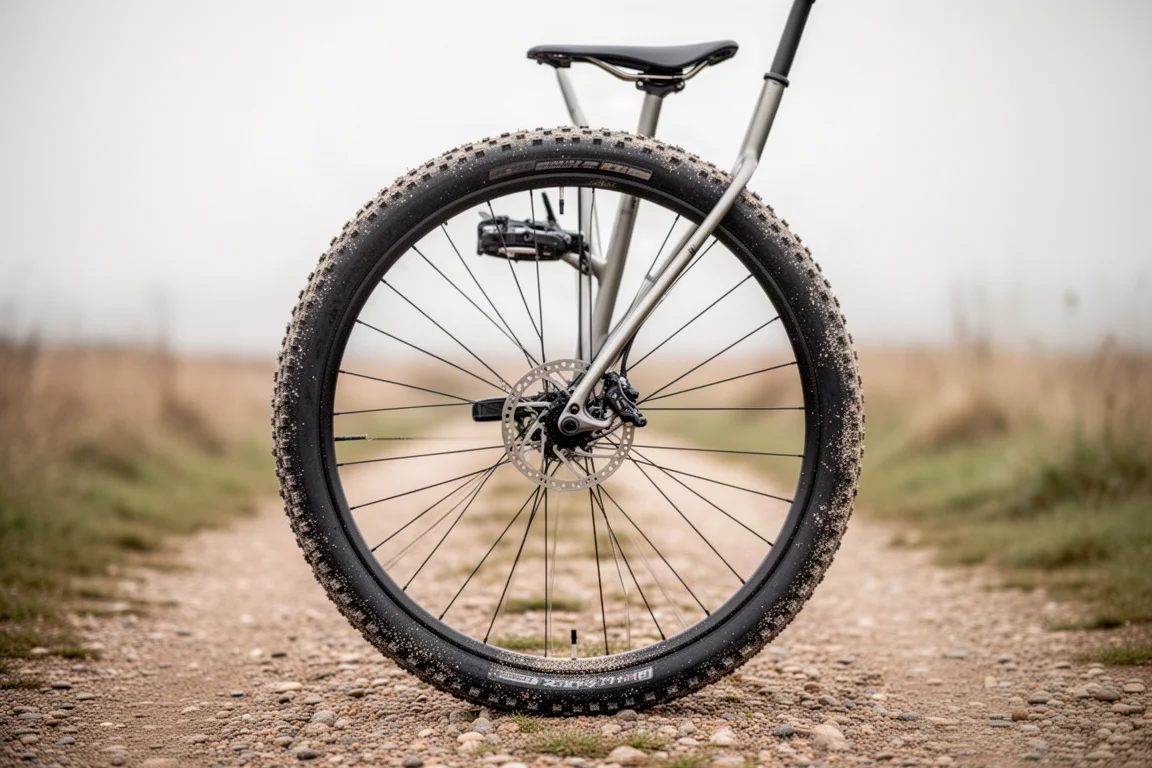 Hinterrad eines Rennrads mit breitem Stollenreifen auf einem Schotterweg