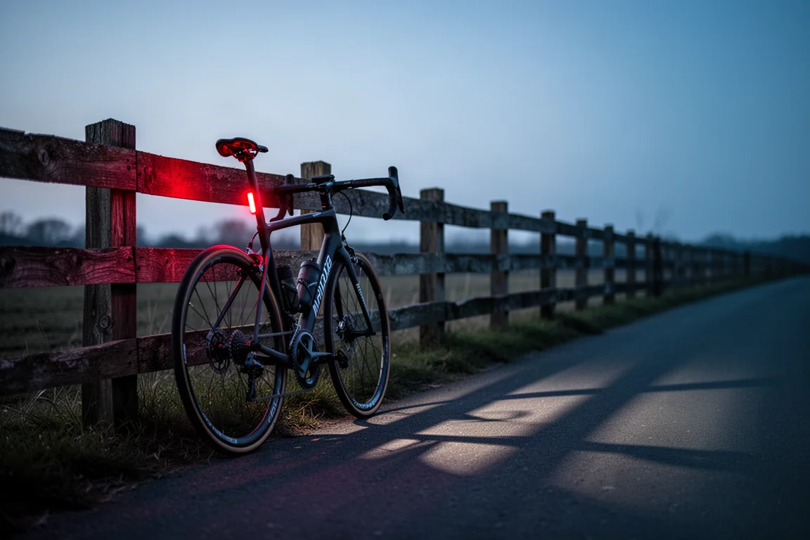 Endurance-Rennrad an einem Holzzaun in der Dämmerung, ein rotes Rücklicht leuchtet
