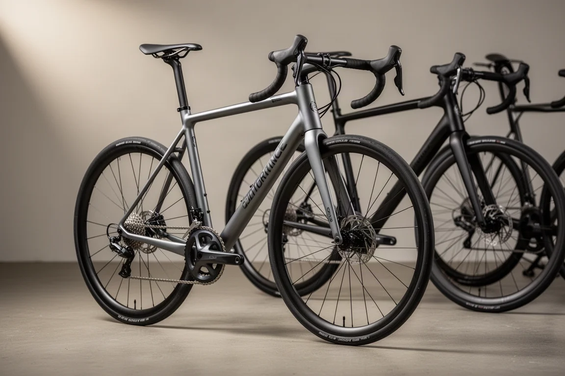 Two aluminium endurance road bikes on a concrete surface in soft studio light