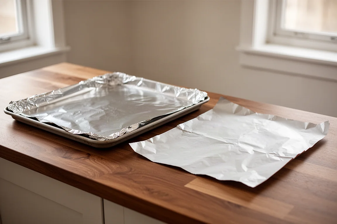 Sheet of aluminum foil crumpled and flattened next to a lined baking sheet