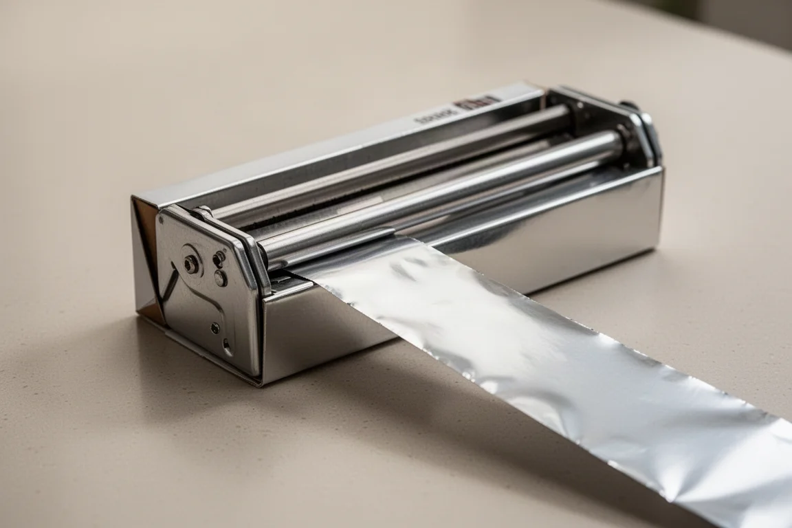 Hands tearing a sheet of foil from a box with a metal cutter