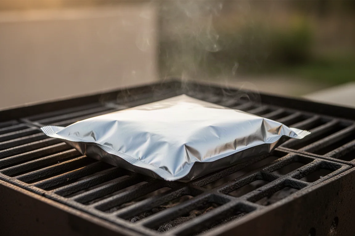Foil pouch of food resting on hot grill grates