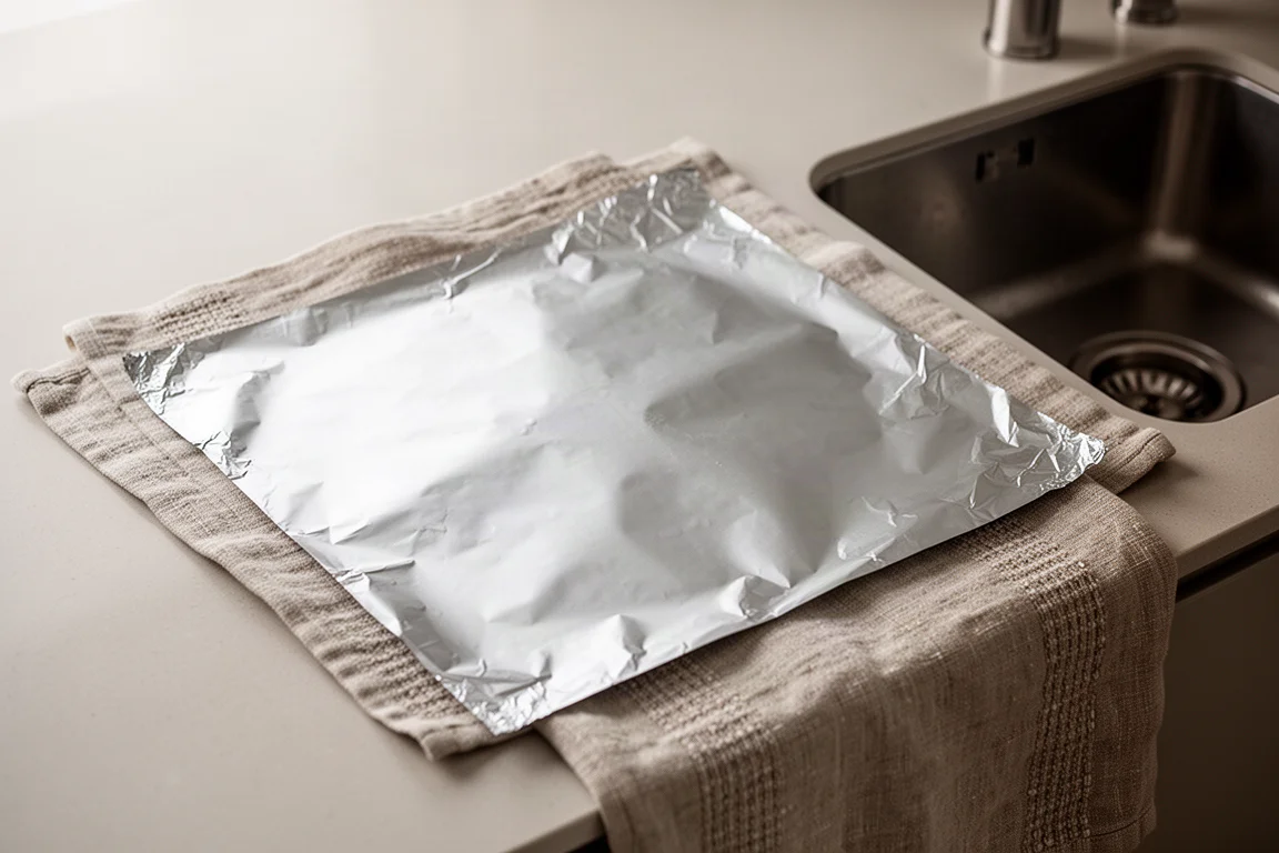 Washed aluminum foil sheet drying flat on a kitchen towel