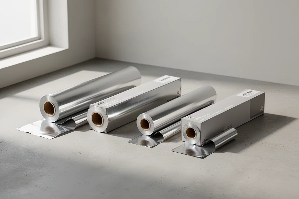 Four boxes of aluminum foil on a concrete surface with rolls partially unrolled