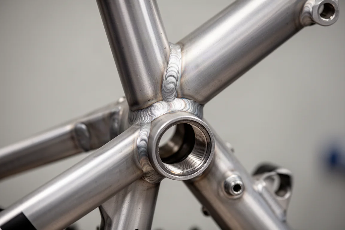 Zbliżenie na połączenie aluminiowej ramy roweru z widocznymi ściegami spawalniczymi