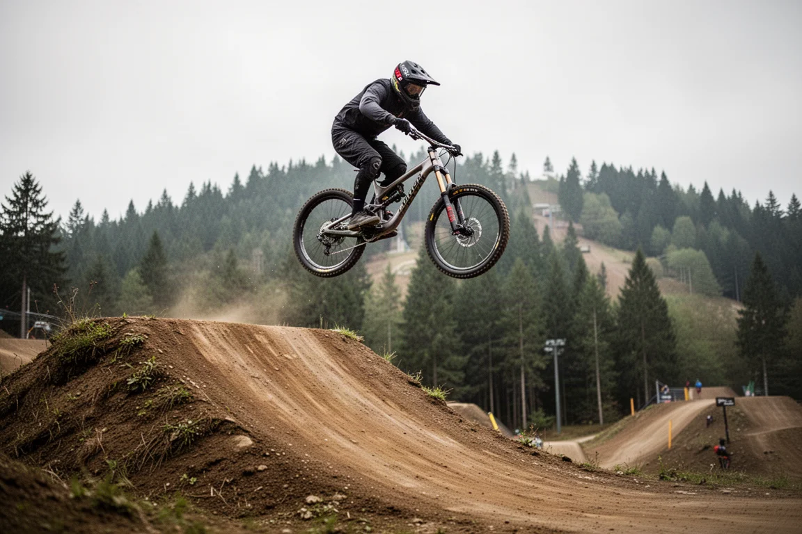 Rowerzysta freeride w powietrzu po skoku z ziemnej rampy w bike parku