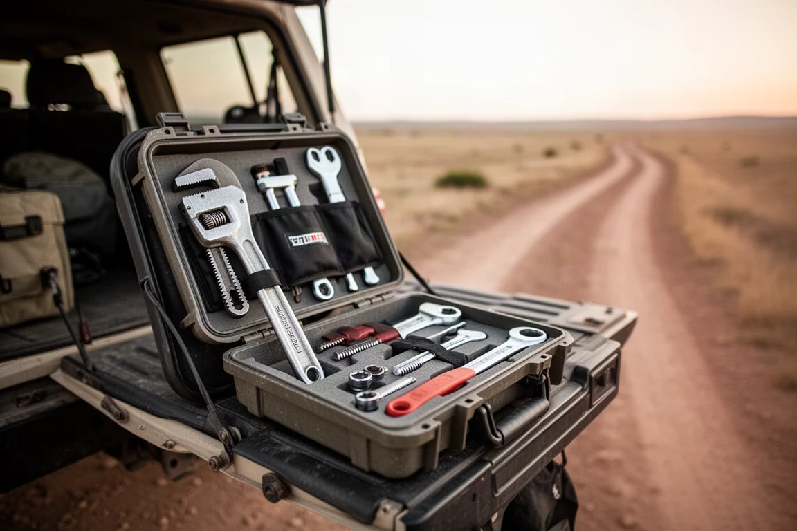 Chiave per tubi e attrezzi in un kit per veicolo overlanding su un portellone posteriore