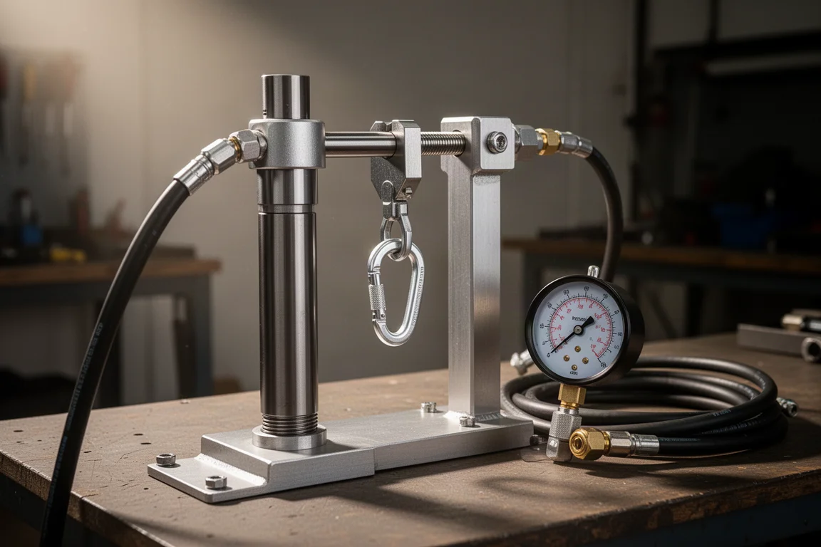 Banc d'essai hydraulique avec un mousqueton serré entre des fixations en acier et un manomètre