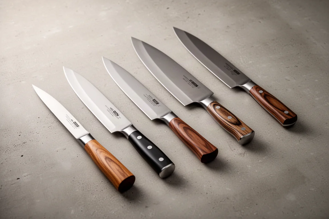 Five chef knives with different handles and blades arranged on a concrete surface