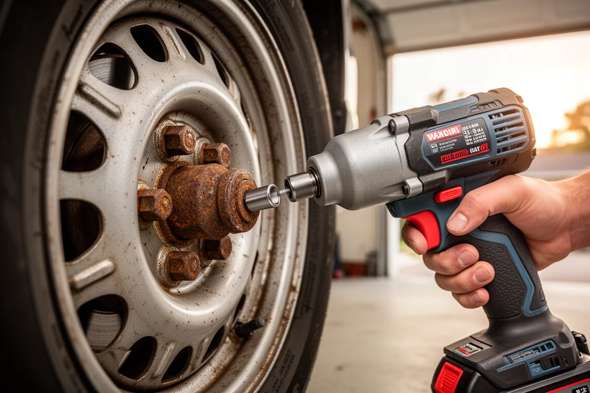 Una llave de impacto aflojando una tuerca grande y oxidada en la rueda de un coche