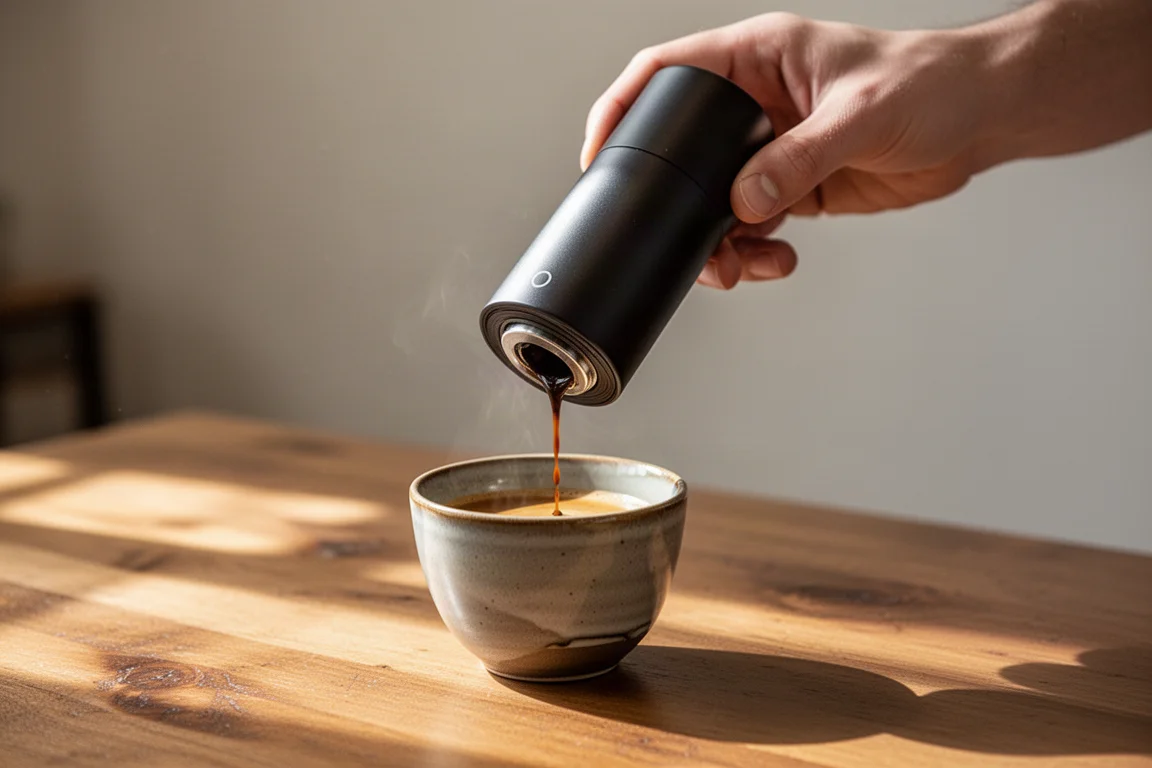 Frisse espresso stroomt uit een compacte draagbare maker in een klein kopje, buiten