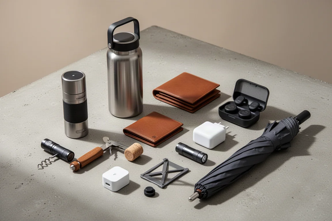 Collection of nine gift-ready products arranged on a concrete surface