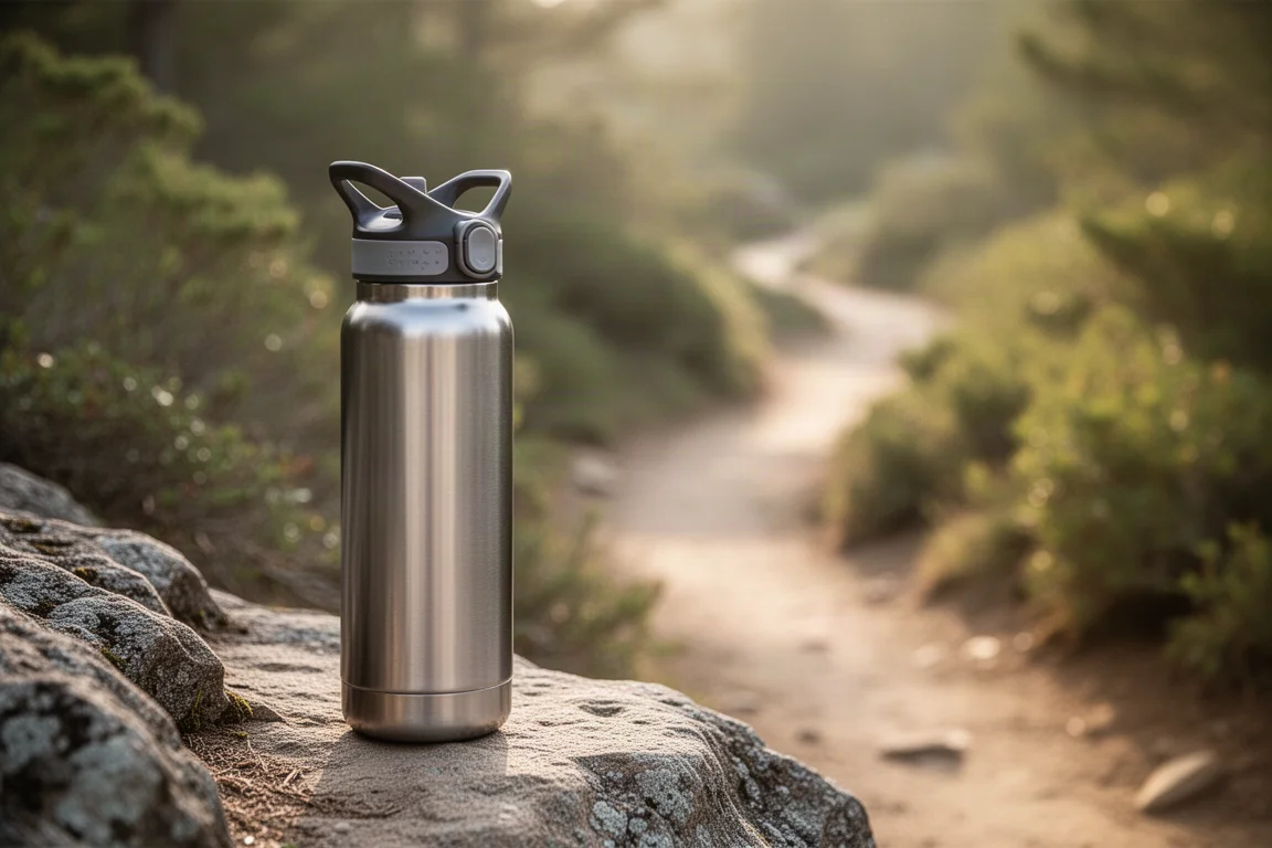 Isolierte Edelstahl-Wasserflasche auf einem Felsvorsprung neben einem Wanderweg