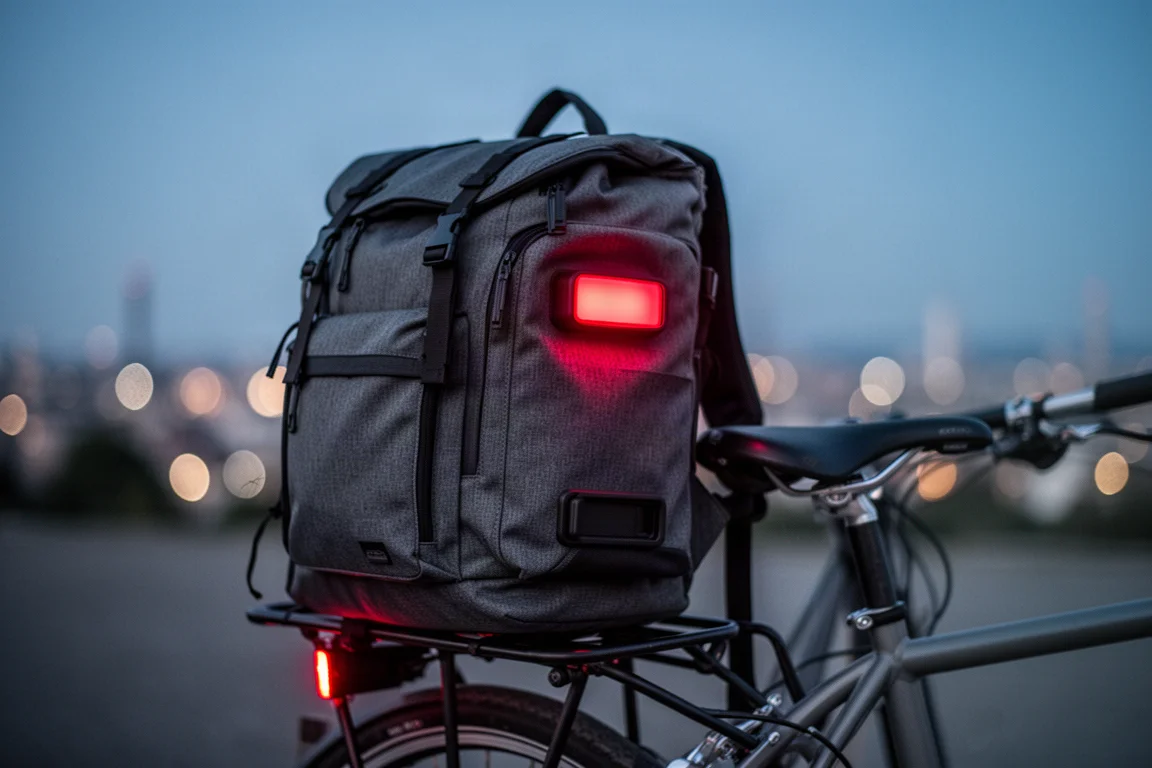 Pendler-Fahrradrucksack mit leuchtendem rotem Rücklicht an einem Fahrradständer in der Dämmerung