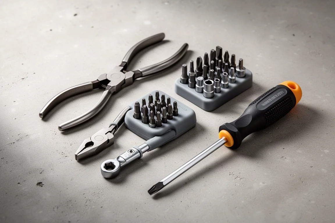 Assorted hand tools including pliers, bit set, sockets, and a screwdriver arranged on concrete