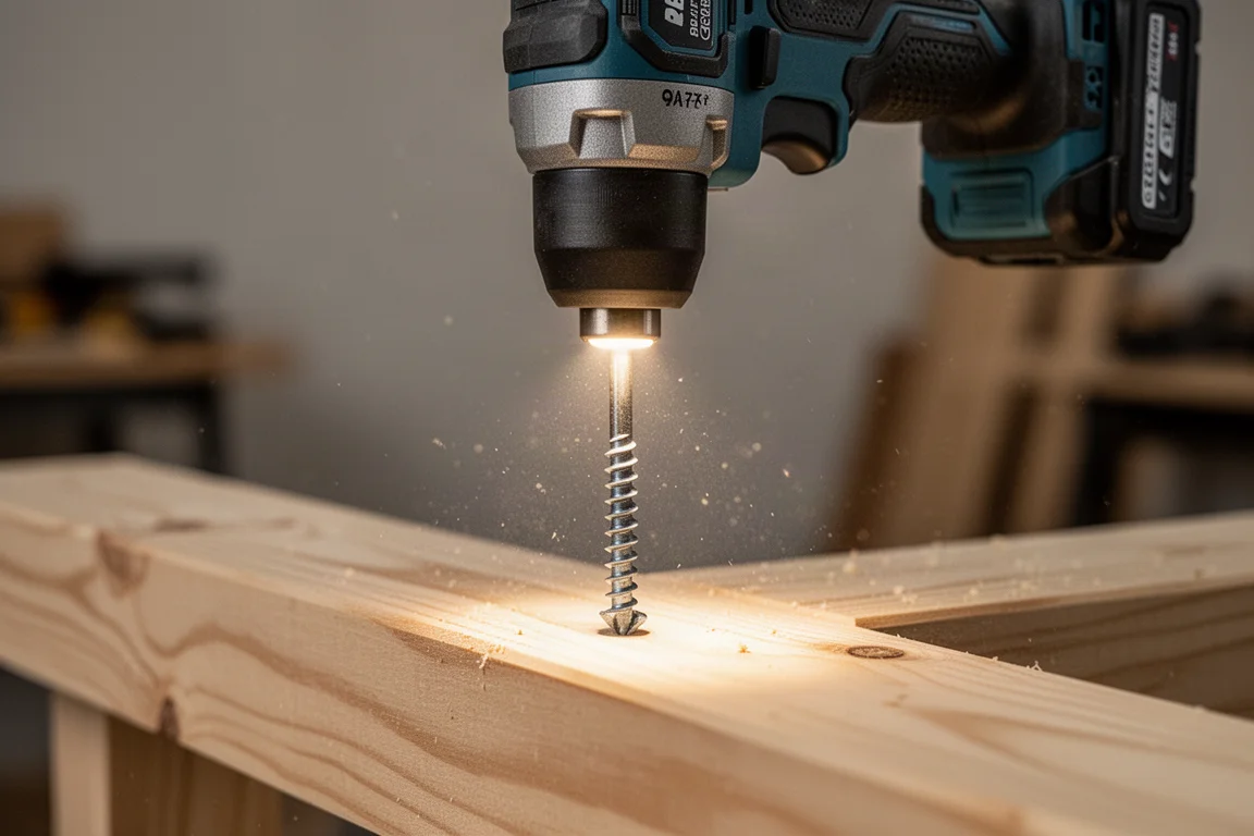 Slagbitschroevendraaier draait een lange schroef in hout met ledverlichting aan