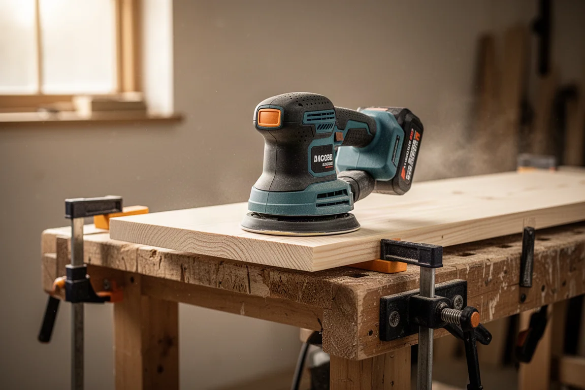 Bandschuurmachine schuurt een plank bij in een werkplaats met stofafzuigslang
