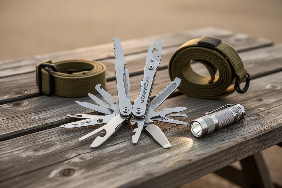 Opvouwbare multitool open op een picknicktafel naast kampeeruitrusting