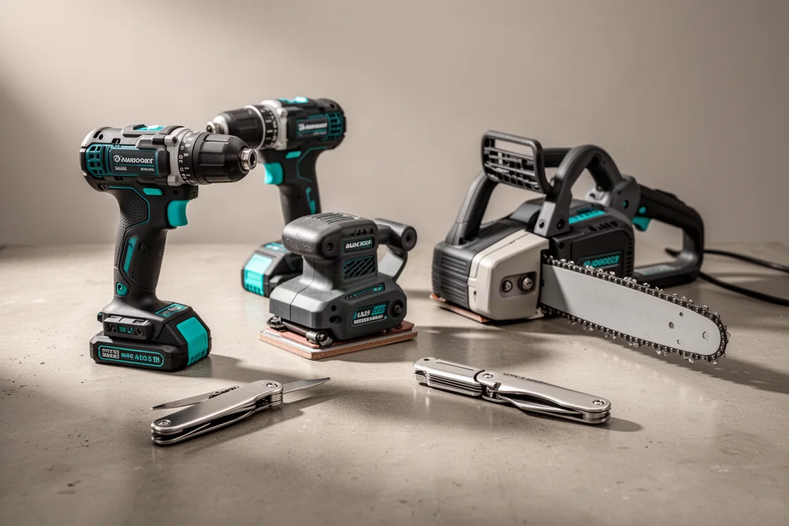 Assortment of cordless power tools and a multi-tool arranged on a concrete surface