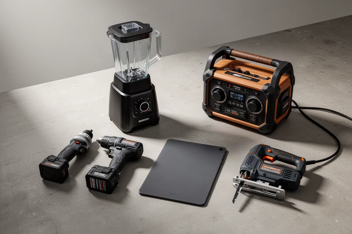 Blender, power tools, tablet, radio and jigsaw arranged on a concrete surface