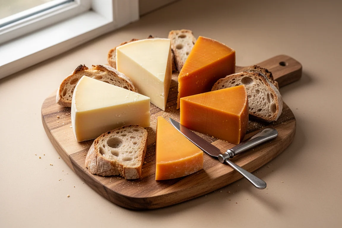 Cheese board with assorted cheddar wedges and bread