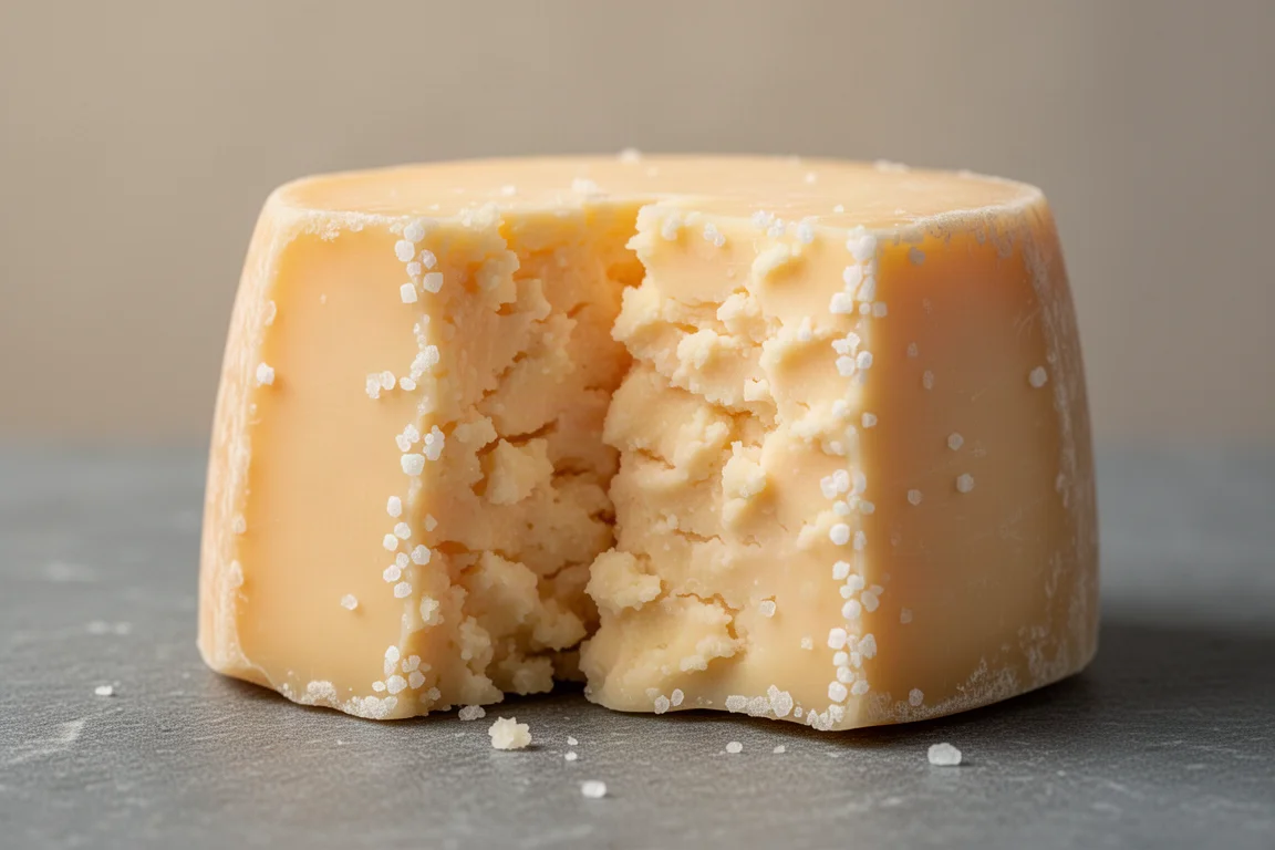 Close-up of a cheddar wedge showing crunchy tyrosine crystals