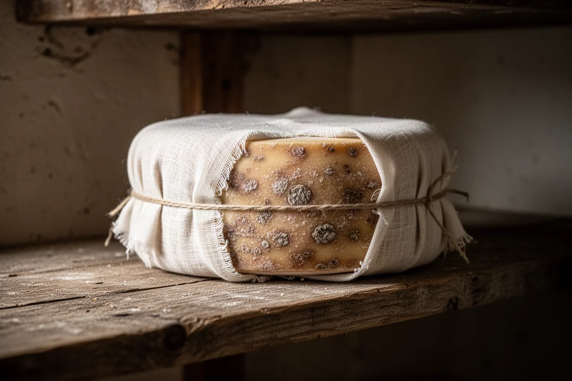 Clothbound cheddar wheel with fabric rind on a wooden shelf
