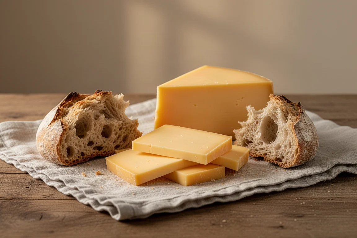 Hands serving cheddar slices with bread on a rustic table