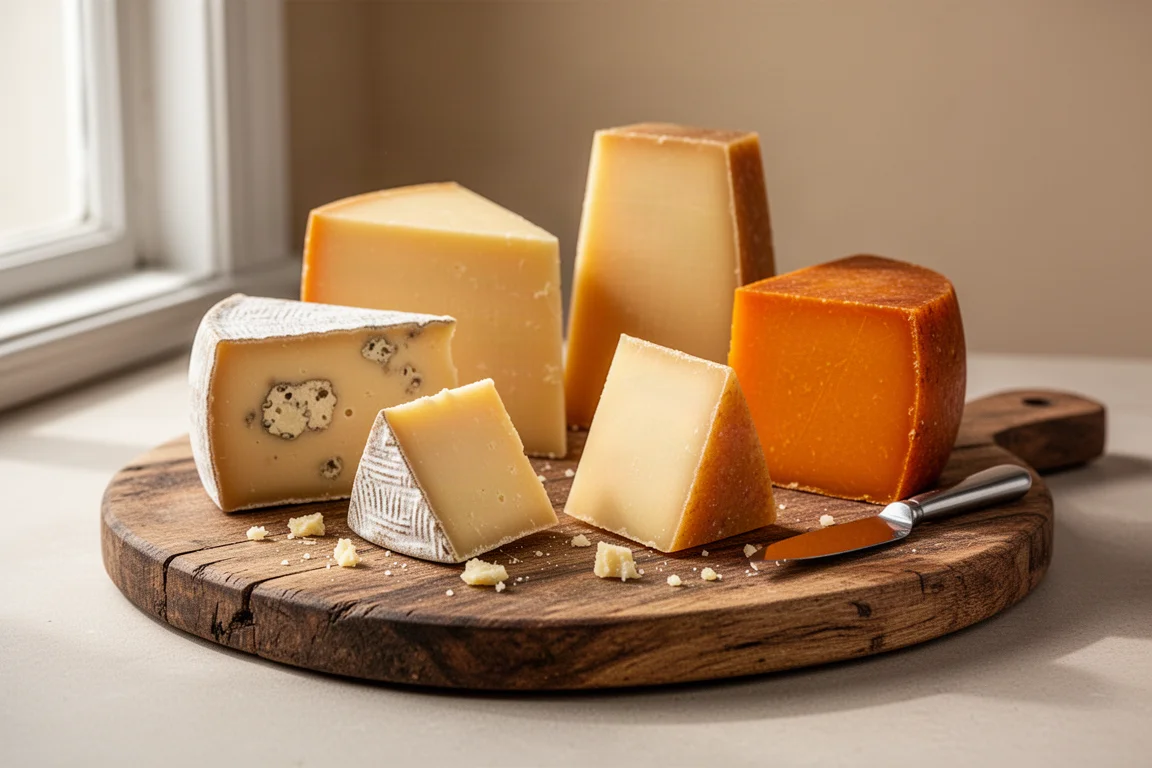 Four wedges of artisan cheddar arranged on a rustic wooden cheese board