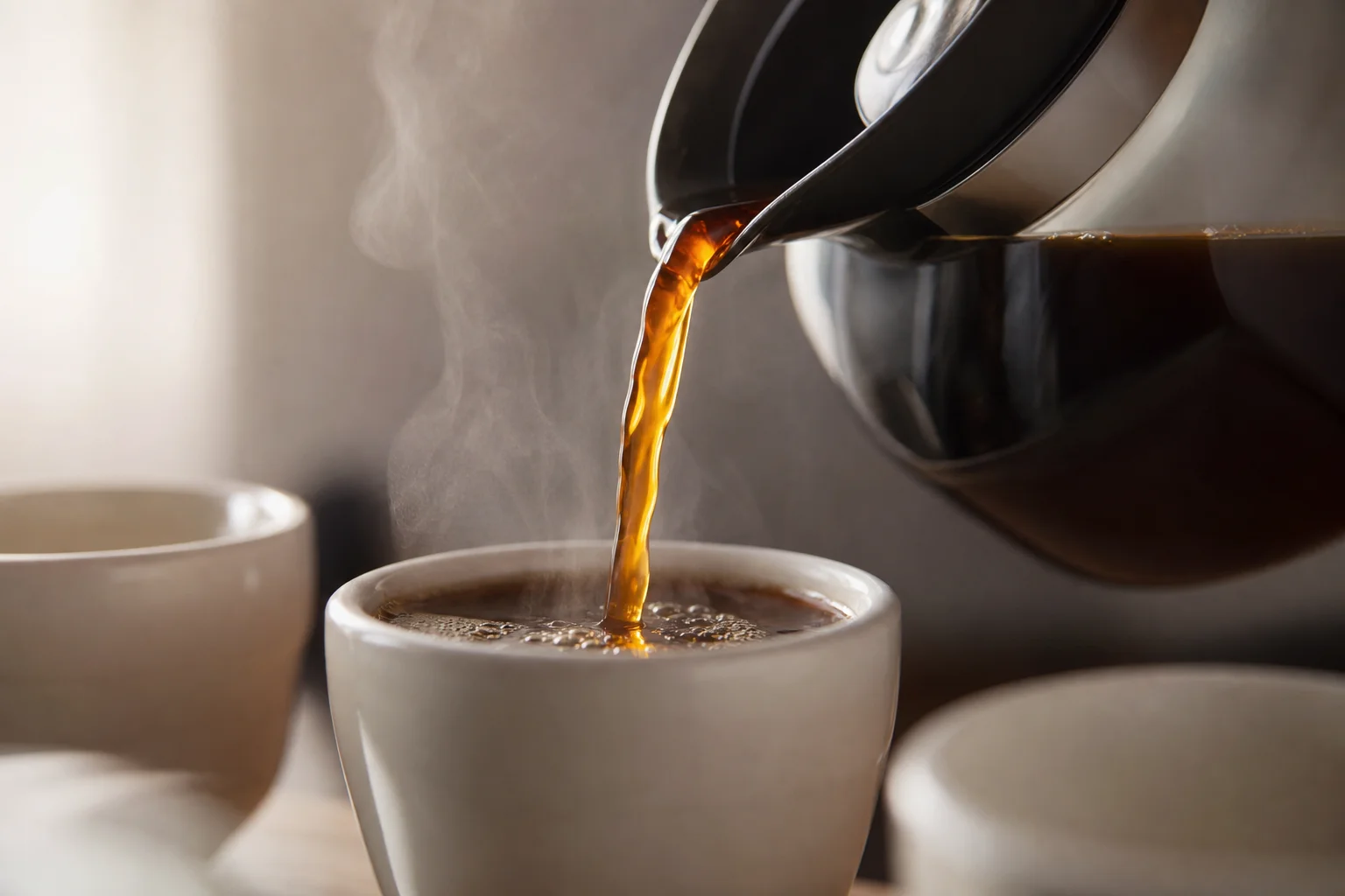 Coffee being poured into a white tasting cup during evaluation