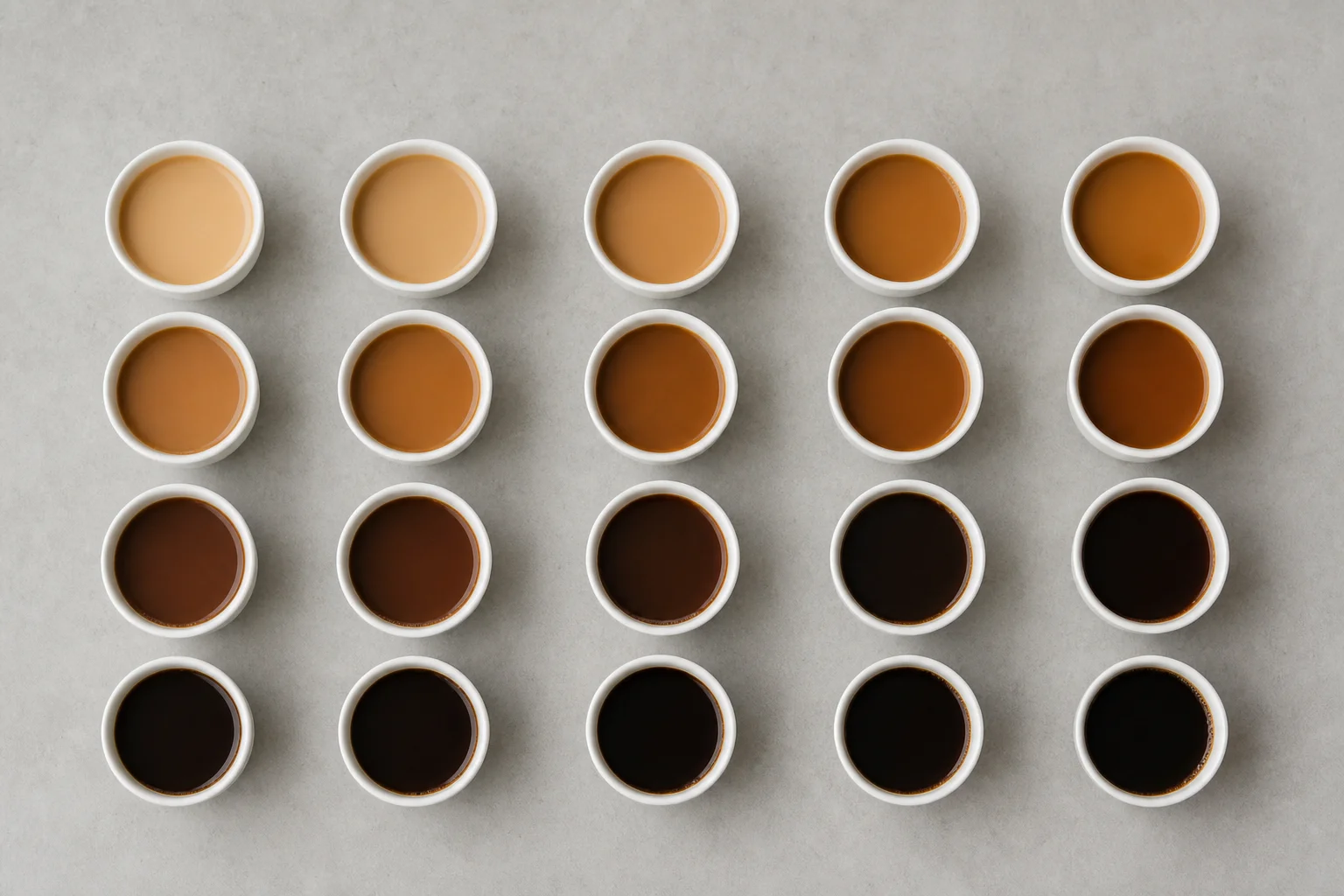 Multiple coffee cups arranged in rows showing varying roast levels