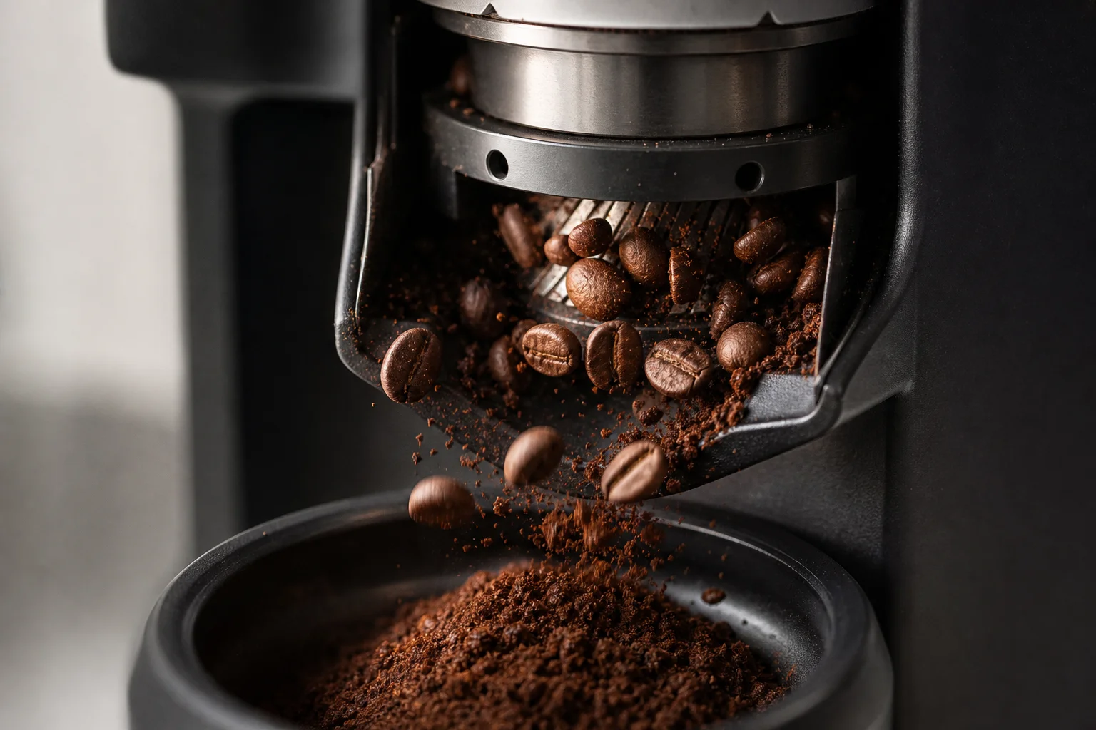 Coffee beans in a grinder showing the grinding process