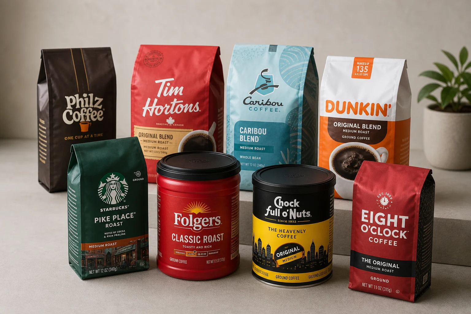 Collection of American grocery store coffee brands on concrete surface