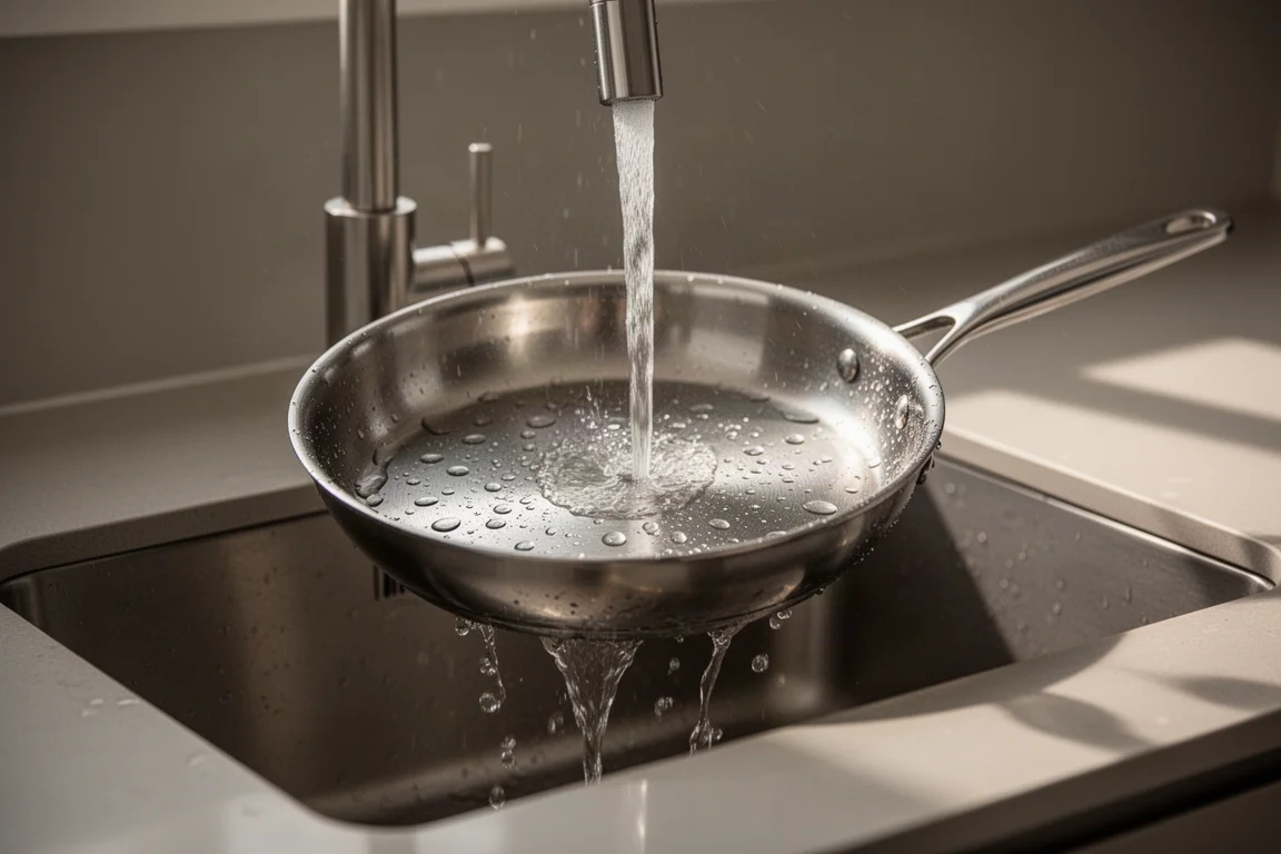 Stainless steel skillet being rinsed at a kitchen sink in soft daylight