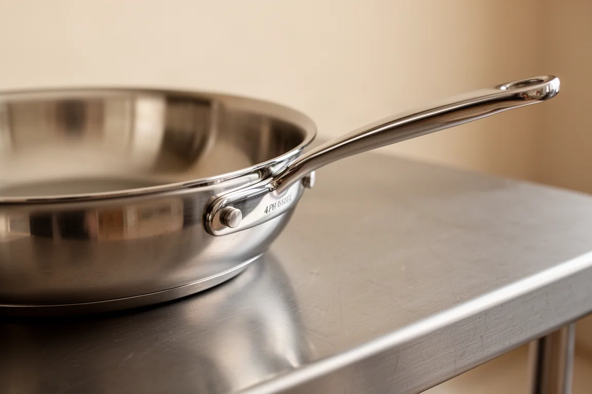Hands inspecting the smooth finished edge of a stainless steel pan