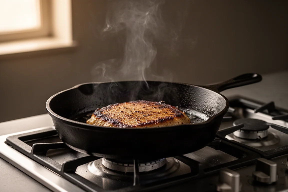 Cast iron skillet searing food on a stovetop with light steam rising