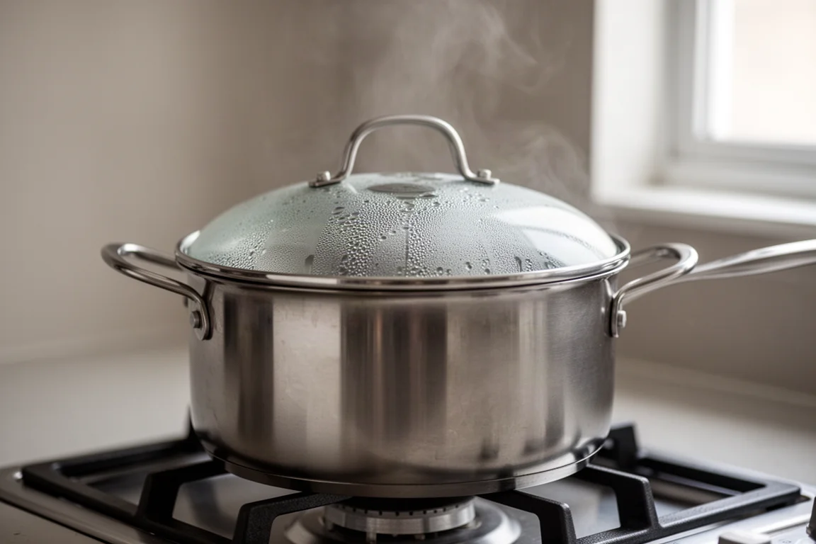 Covered pot on a stovetop with condensation forming under a tight-fitting lid